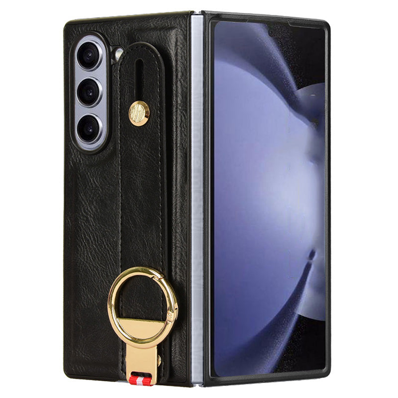 For Samsung Galaxy Z Fold6 5G Case Leather+PC+TPU Wristband Cover with Bottle Opener Ring - Black