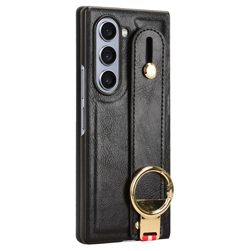 For Samsung Galaxy Z Fold6 5G Case Leather+PC+TPU Wristband Cover with Bottle Opener Ring - Black