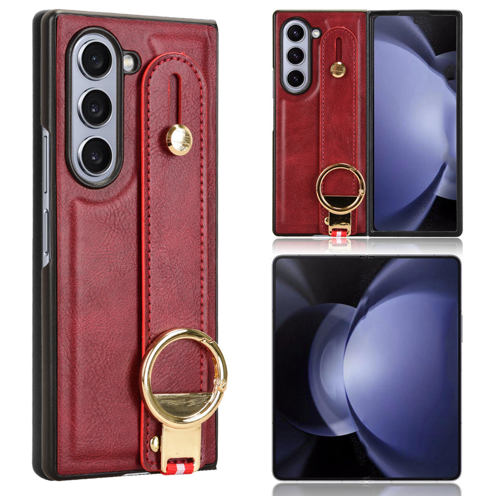 For Samsung Galaxy Z Fold6 5G Case Leather+PC+TPU Wristband Cover with Bottle Opener Ring - Red