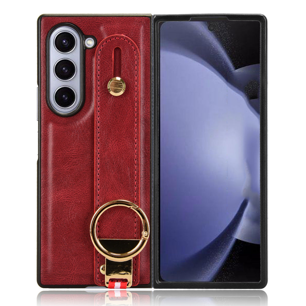 For Samsung Galaxy Z Fold6 5G Case Leather+PC+TPU Wristband Cover with Bottle Opener Ring - Red