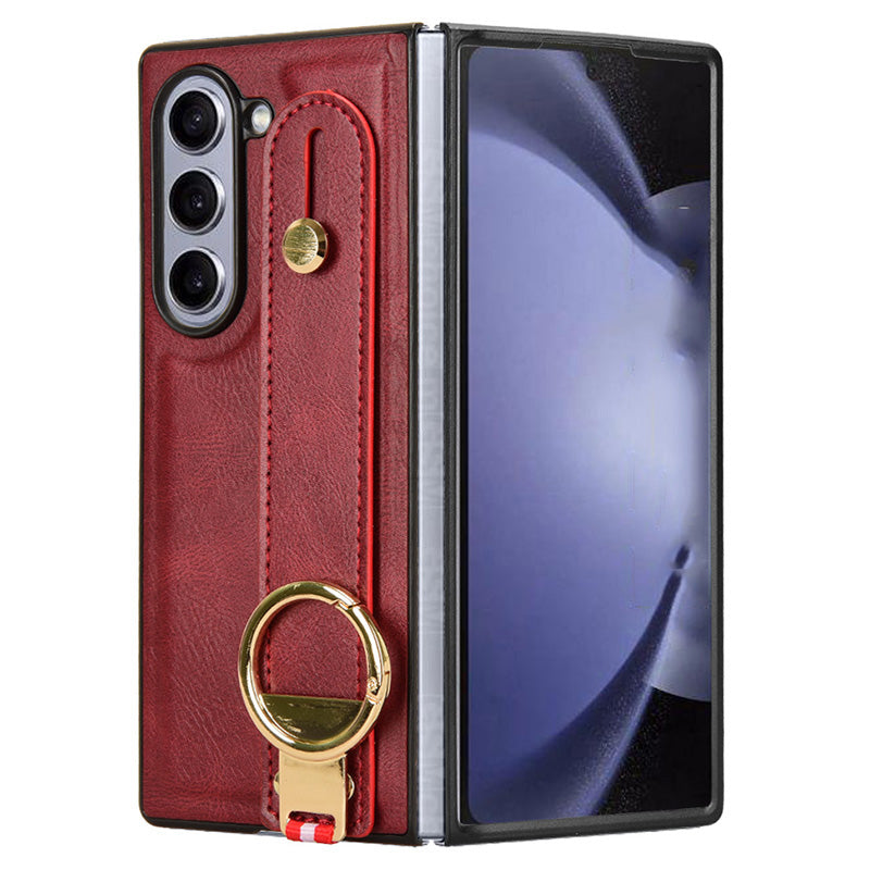 For Samsung Galaxy Z Fold6 5G Case Leather+PC+TPU Wristband Cover with Bottle Opener Ring - Red