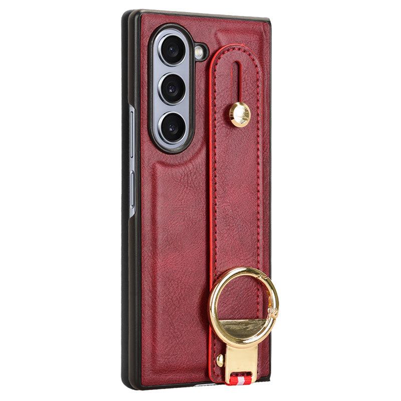 For Samsung Galaxy Z Fold6 5G Case Leather+PC+TPU Wristband Cover with Bottle Opener Ring - Red