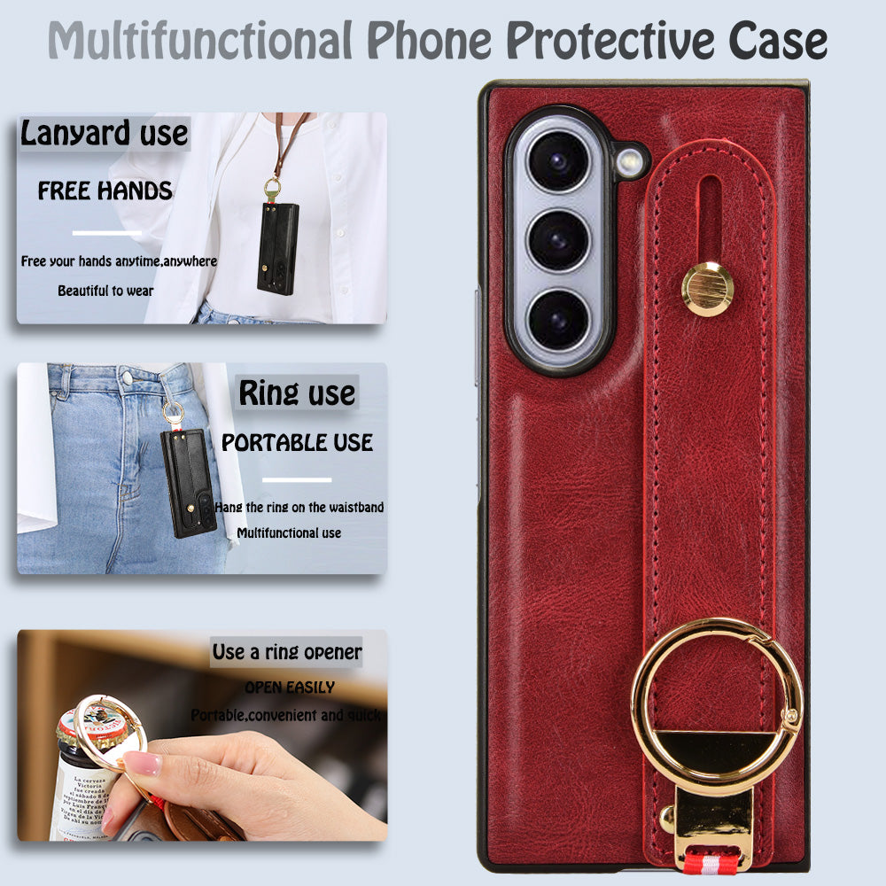For Samsung Galaxy Z Fold6 5G Case Leather+PC+TPU Wristband Cover with Bottle Opener Ring - Red