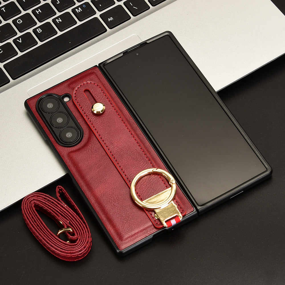 For Samsung Galaxy Z Fold6 5G Case Leather+PC+TPU Wristband Cover with Bottle Opener Ring - Red
