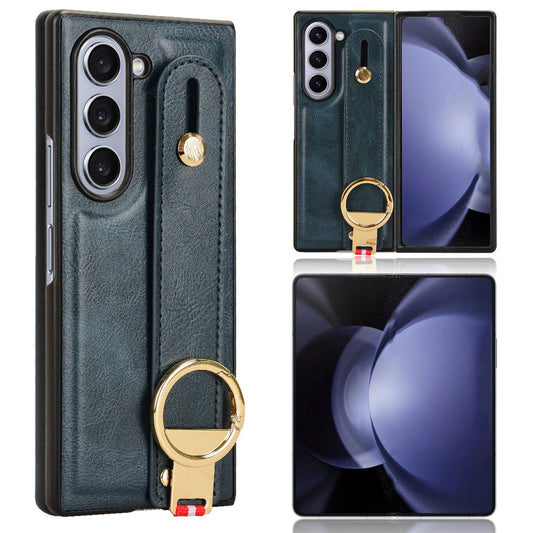 For Samsung Galaxy Z Fold6 5G Case Leather+PC+TPU Wristband Cover with Bottle Opener Ring - Blue