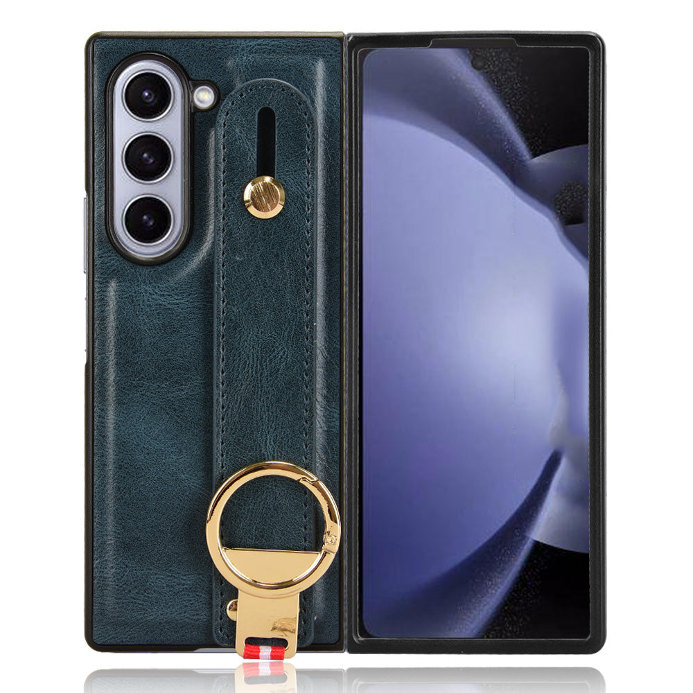 For Samsung Galaxy Z Fold6 5G Case Leather+PC+TPU Wristband Cover with Bottle Opener Ring - Blue