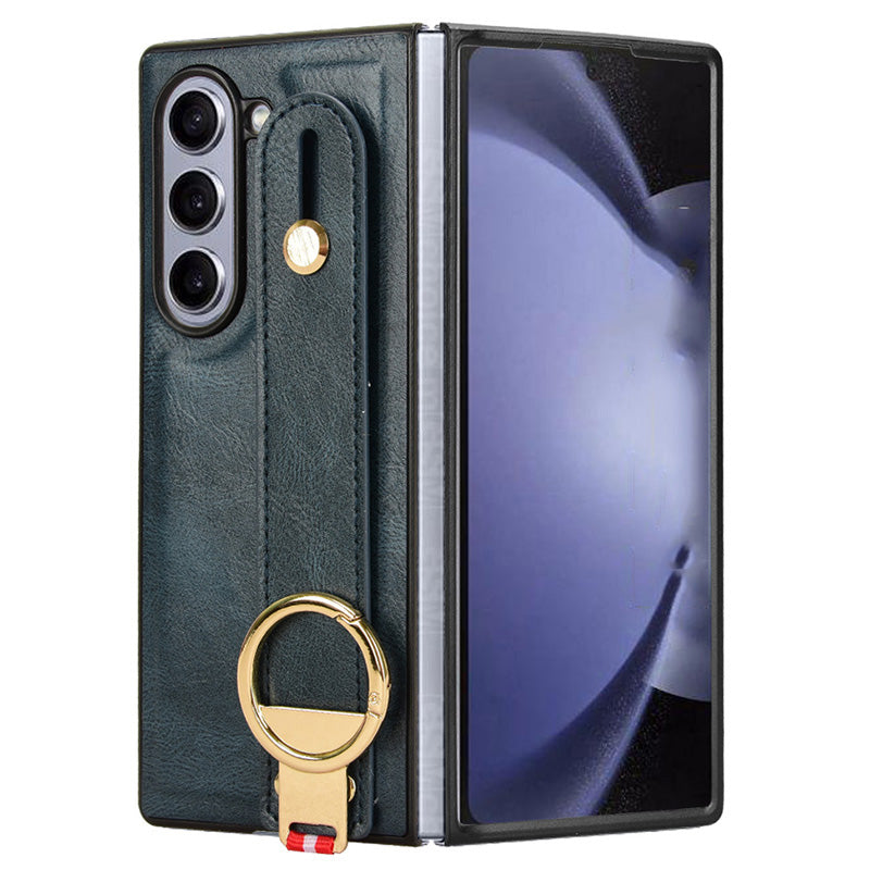 For Samsung Galaxy Z Fold6 5G Case Leather+PC+TPU Wristband Cover with Bottle Opener Ring - Blue