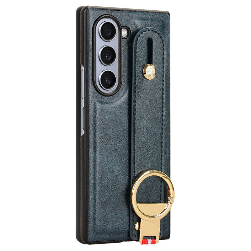 For Samsung Galaxy Z Fold6 5G Case Leather+PC+TPU Wristband Cover with Bottle Opener Ring - Blue