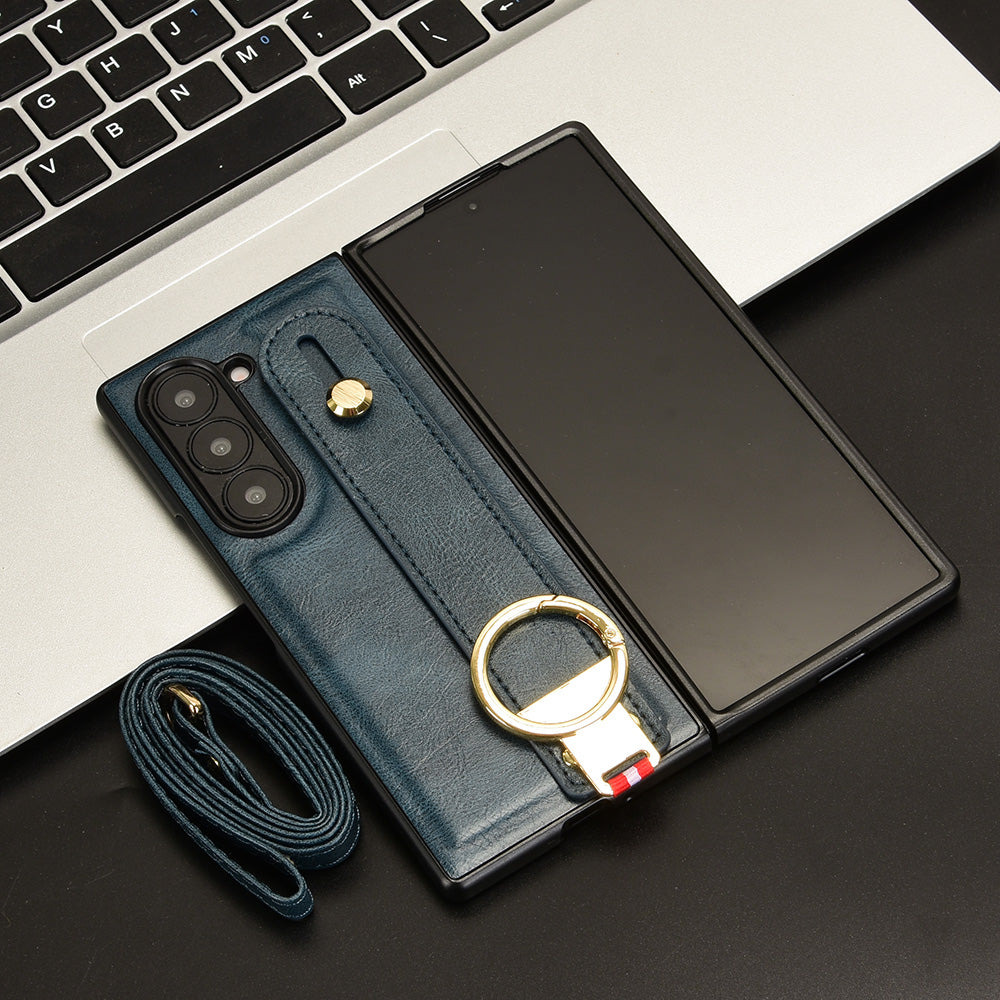 For Samsung Galaxy Z Fold6 5G Case Leather+PC+TPU Wristband Cover with Bottle Opener Ring - Blue