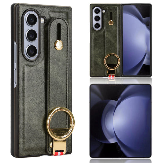 For Samsung Galaxy Z Fold6 5G Case Leather+PC+TPU Wristband Cover with Bottle Opener Ring - Green