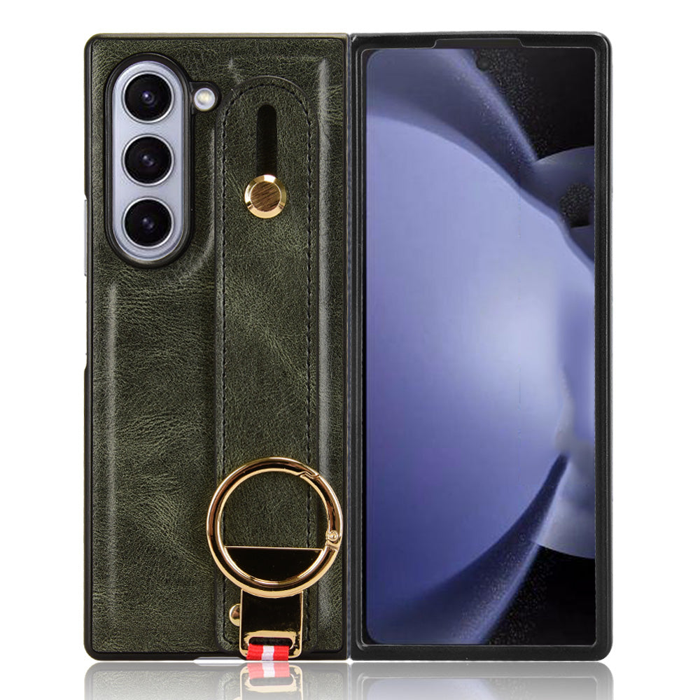 For Samsung Galaxy Z Fold6 5G Case Leather+PC+TPU Wristband Cover with Bottle Opener Ring - Green