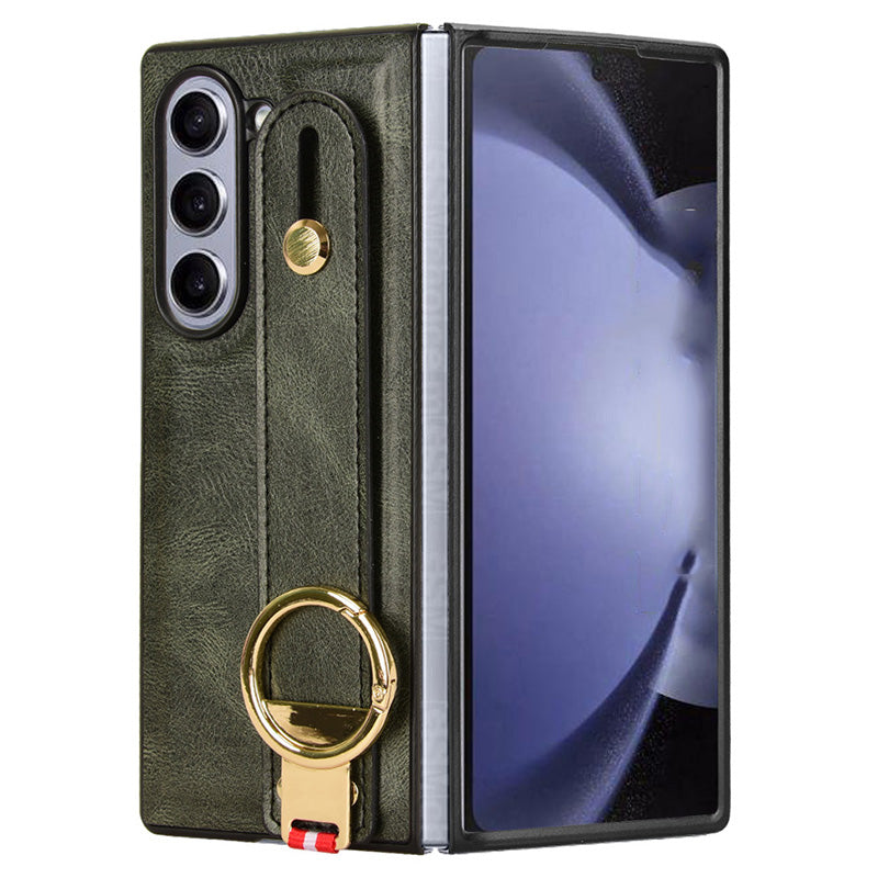For Samsung Galaxy Z Fold6 5G Case Leather+PC+TPU Wristband Cover with Bottle Opener Ring - Green