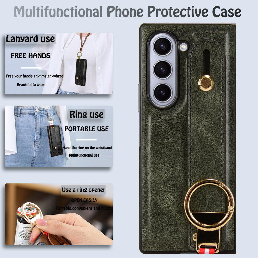 For Samsung Galaxy Z Fold6 5G Case Leather+PC+TPU Wristband Cover with Bottle Opener Ring - Green