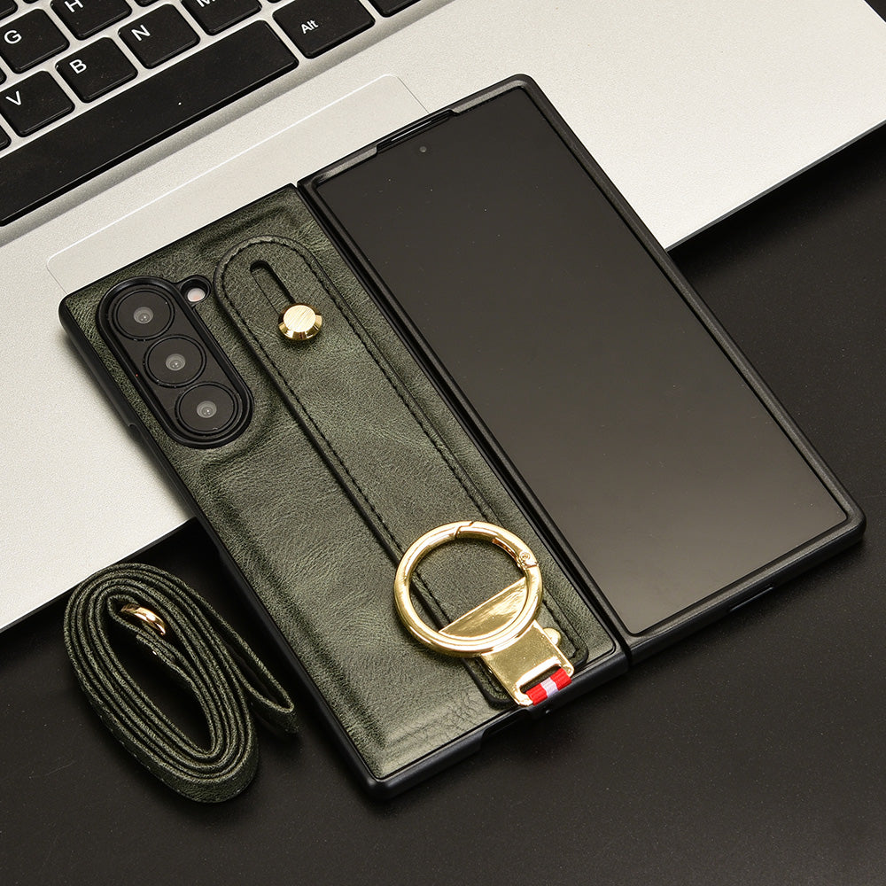 For Samsung Galaxy Z Fold6 5G Case Leather+PC+TPU Wristband Cover with Bottle Opener Ring - Green