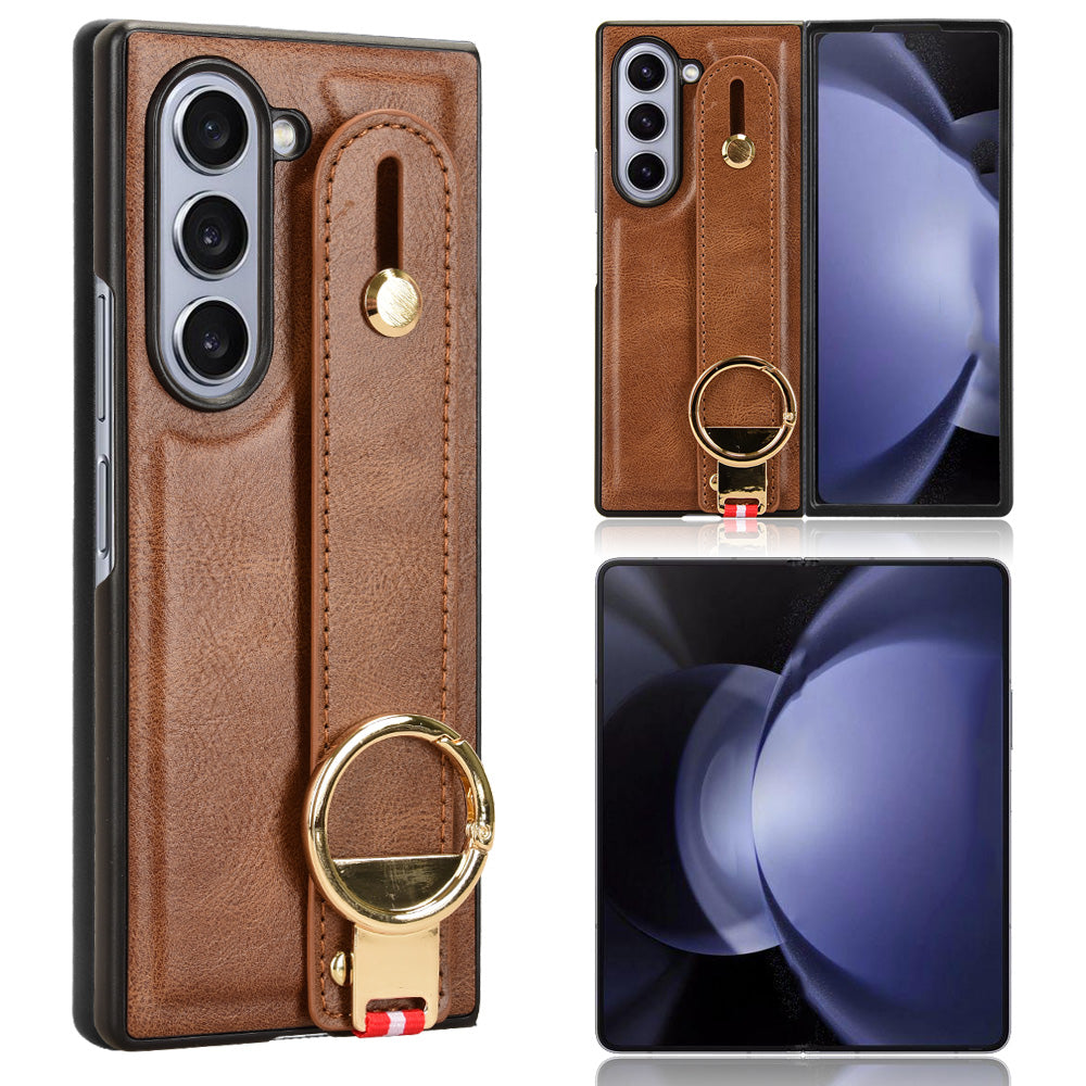 For Samsung Galaxy Z Fold6 5G Case Leather+PC+TPU Wristband Cover with Bottle Opener Ring - Brown