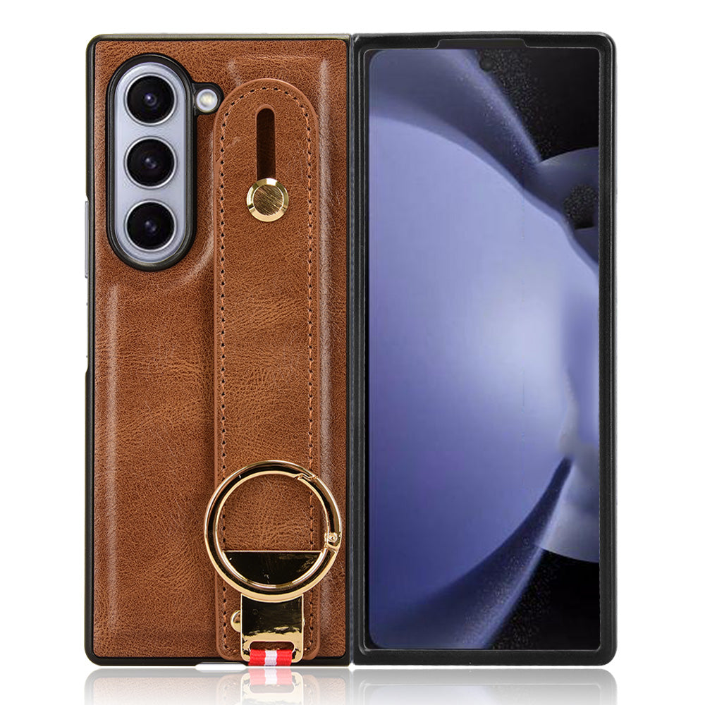 For Samsung Galaxy Z Fold6 5G Case Leather+PC+TPU Wristband Cover with Bottle Opener Ring - Brown