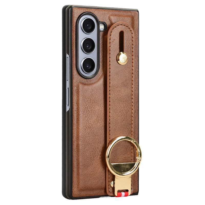 For Samsung Galaxy Z Fold6 5G Case Leather+PC+TPU Wristband Cover with Bottle Opener Ring - Brown