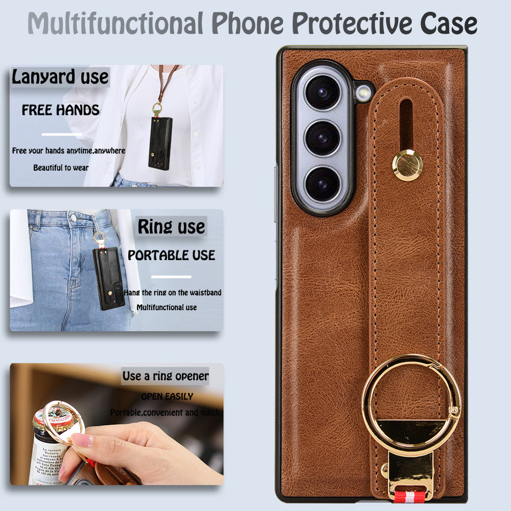 For Samsung Galaxy Z Fold6 5G Case Leather+PC+TPU Wristband Cover with Bottle Opener Ring - Brown