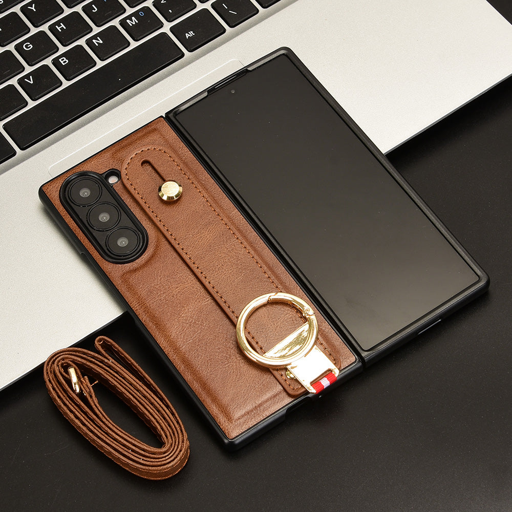 For Samsung Galaxy Z Fold6 5G Case Leather+PC+TPU Wristband Cover with Bottle Opener Ring - Brown