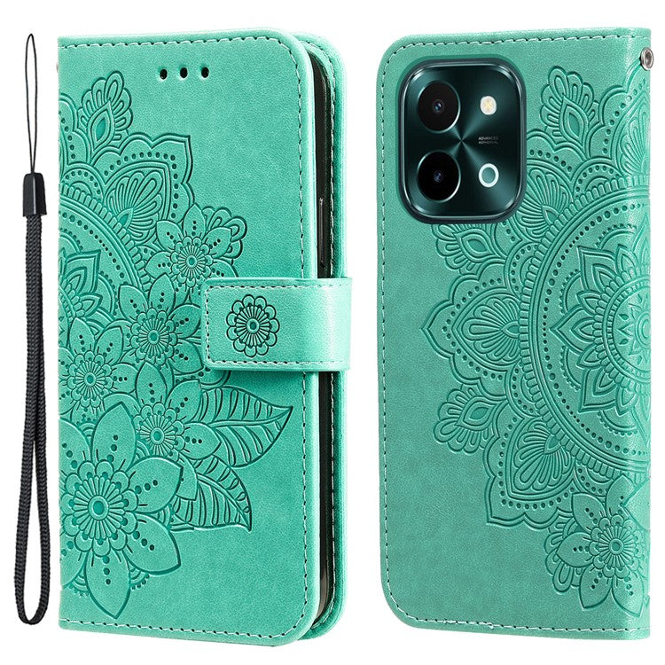For vivo Y28 4G / iQOO Z9x 5G Case PU Leather Wallet Flower Phone Cover - Green