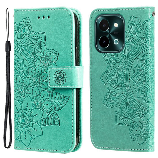 For vivo Y28 4G / iQOO Z9x 5G Case PU Leather Wallet Flower Phone Cover - Green