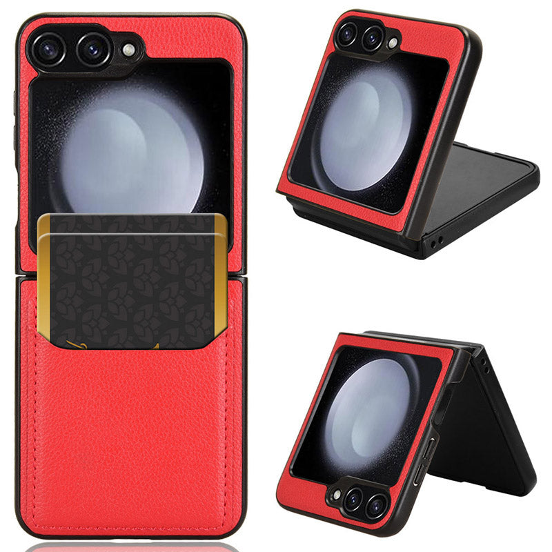 For Samsung Galaxy Z Flip6 5G Case Litchi Texture Leather Coated PC Phone Cover Card Slot - Red