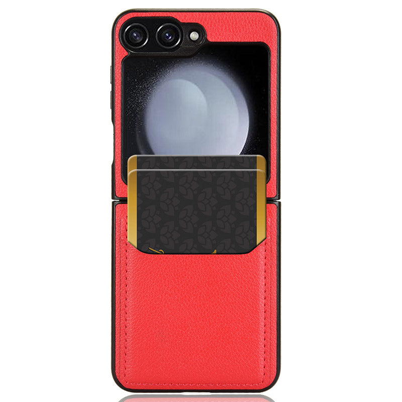 For Samsung Galaxy Z Flip6 5G Case Litchi Texture Leather Coated PC Phone Cover Card Slot - Red