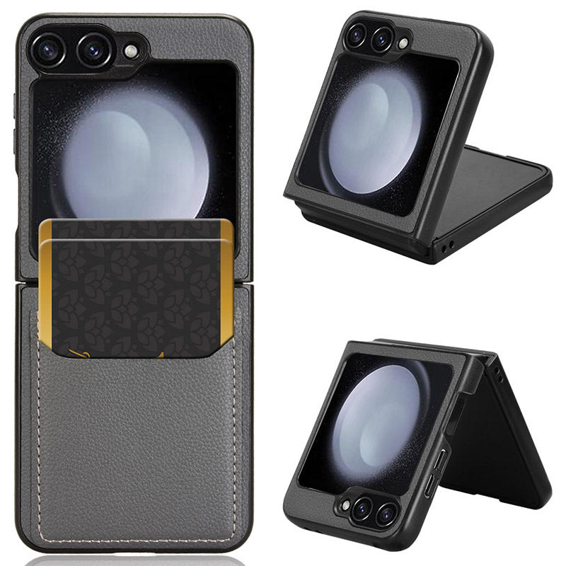 For Samsung Galaxy Z Flip6 5G Case Litchi Texture Leather Coated PC Phone Cover Card Slot - Grey