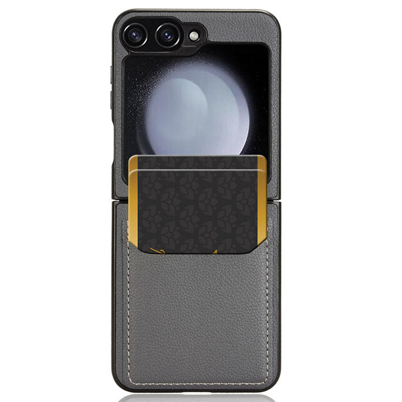 For Samsung Galaxy Z Flip6 5G Case Litchi Texture Leather Coated PC Phone Cover Card Slot - Grey