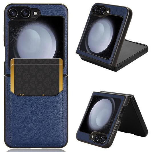 For Samsung Galaxy Z Flip6 5G Case Litchi Texture Leather Coated PC Phone Cover Card Slot - Blue