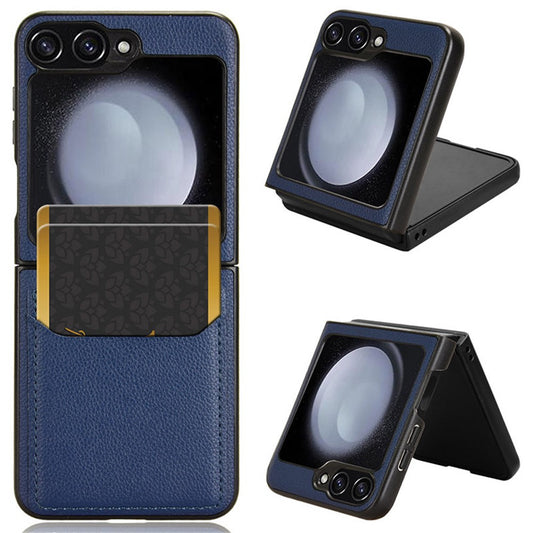 For Samsung Galaxy Z Flip7 FE 5G / Z Flip6 5G Case Litchi Texture Leather Coated PC Phone Cover Card Slot - Blue