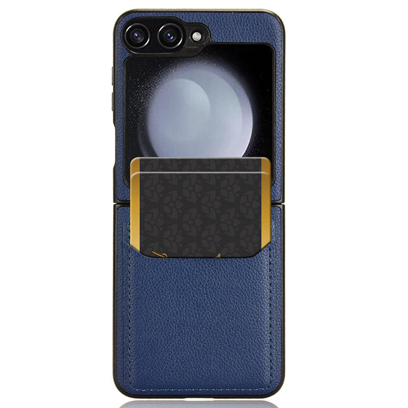 For Samsung Galaxy Z Flip6 5G Case Litchi Texture Leather Coated PC Phone Cover Card Slot - Blue