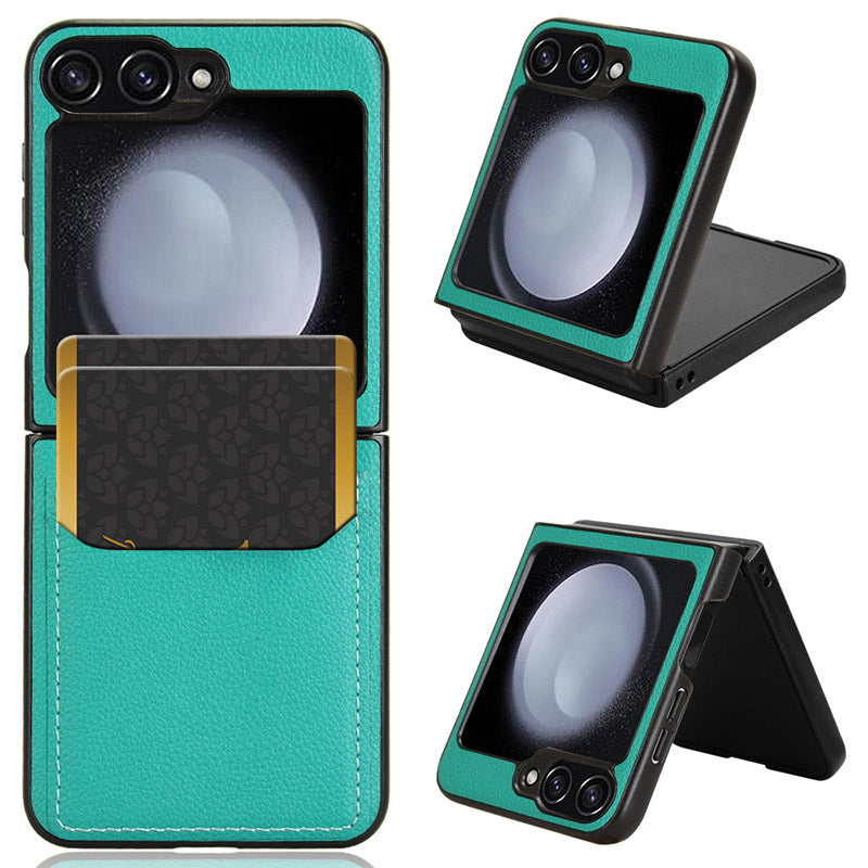 For Samsung Galaxy Z Flip6 5G Case Litchi Texture Leather Coated PC Phone Cover Card Slot - Green