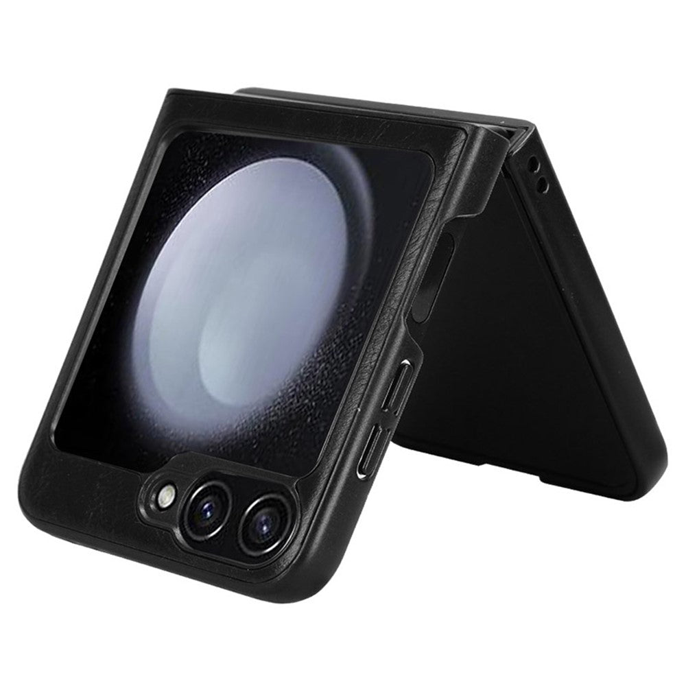 For Samsung Galaxy Z Flip7 FE 5G / Z Flip6 5G Case Stitching Lines Cowhide Texture Leather Back Phone Cover - Black