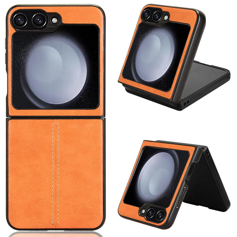 For Samsung Galaxy Z Flip6 5G Case Stitching Lines Cowhide Texture Leather Back Phone Cover - Orange