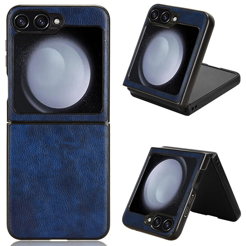 For Samsung Galaxy Z Flip6 5G Case Litchi Texture Leather Hard PC Phone Cover - Blue