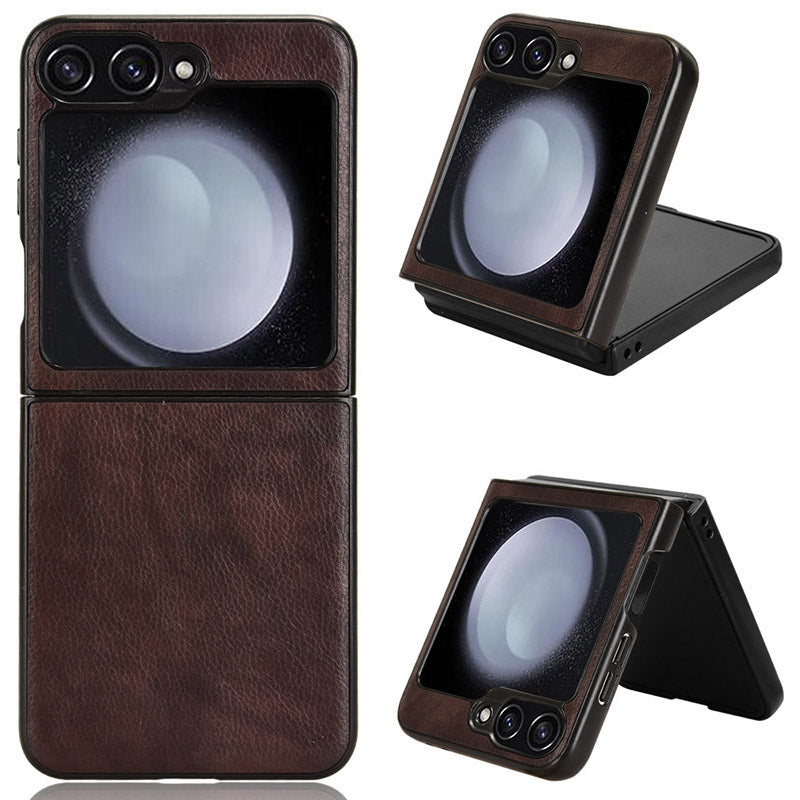 For Samsung Galaxy Z Flip6 5G Case Litchi Texture Leather Hard PC Phone Cover - Brown