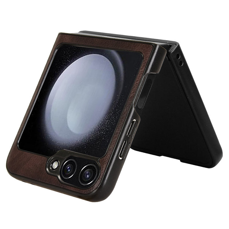 For Samsung Galaxy Z Flip6 5G Case Litchi Texture Leather+Hard PC Phone Cover - Brown