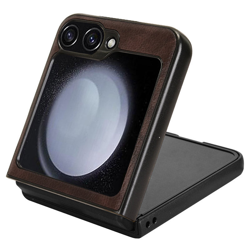 For Samsung Galaxy Z Flip6 5G Case Litchi Texture Leather+Hard PC Phone Cover - Brown