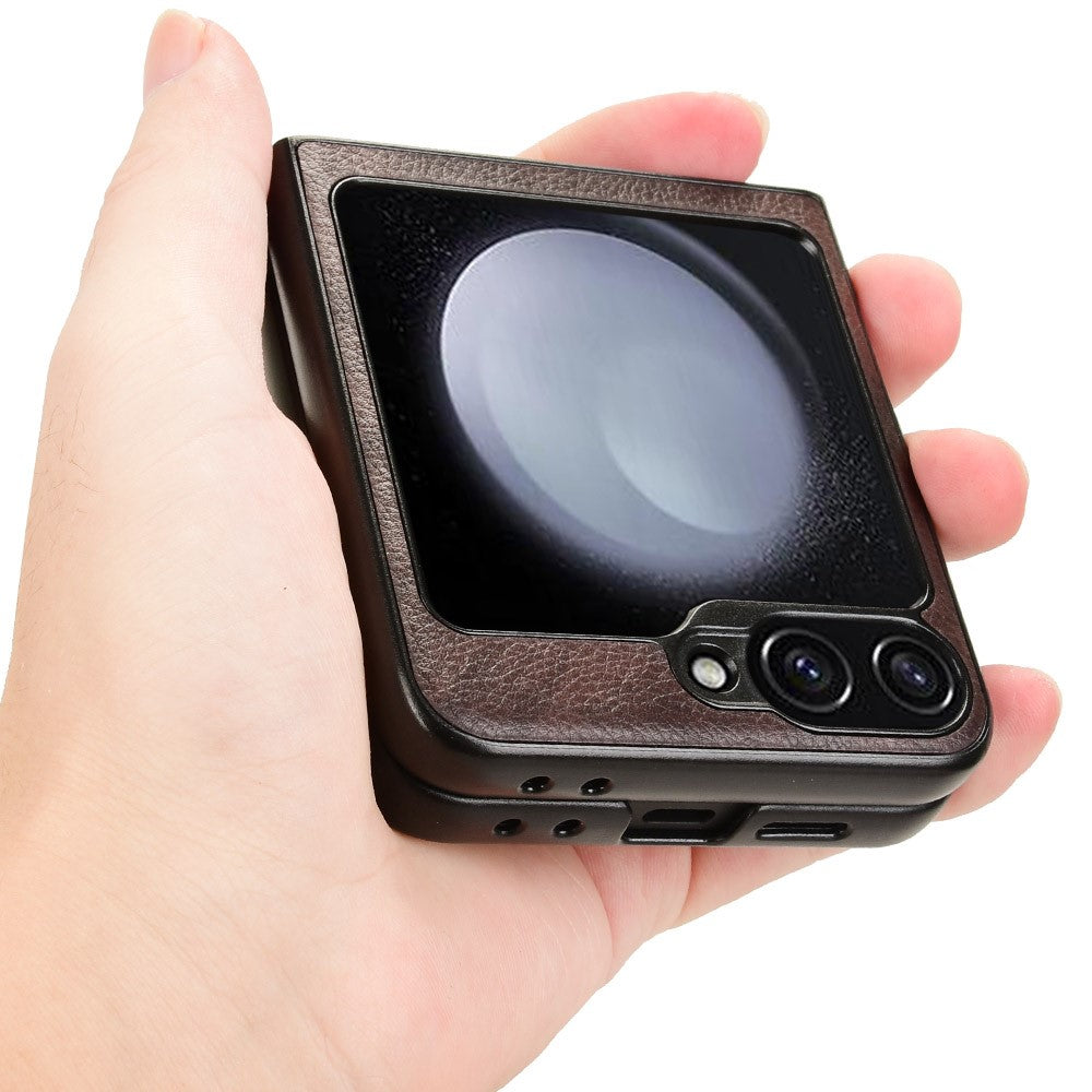 For Samsung Galaxy Z Flip7 FE 5G / Z Flip6 5G Case Litchi Texture Leather Hard PC Phone Cover - Brown
