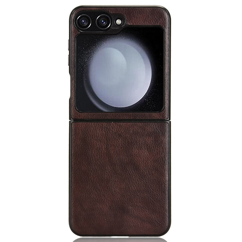 For Samsung Galaxy Z Flip6 5G Case Litchi Texture Leather+Hard PC Phone Cover - Brown