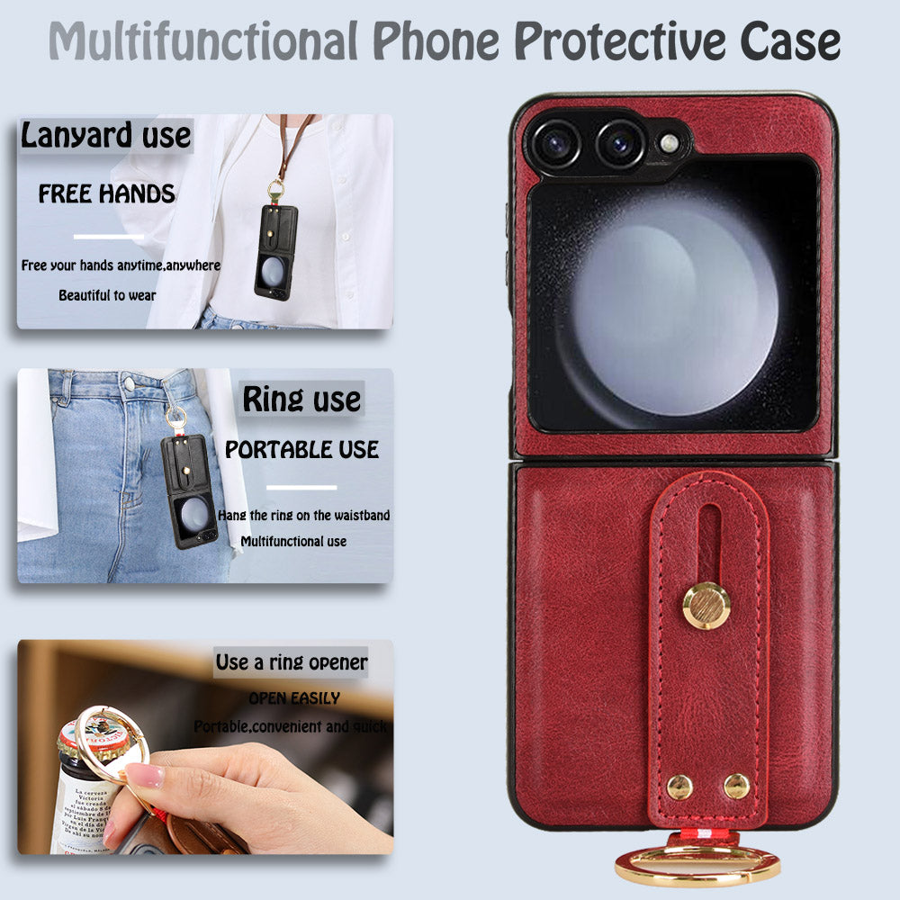 For Samsung Galaxy Z Flip6 5G Case Bottle Opener Wristband Leather+PC+TPU Phone Cover - Red