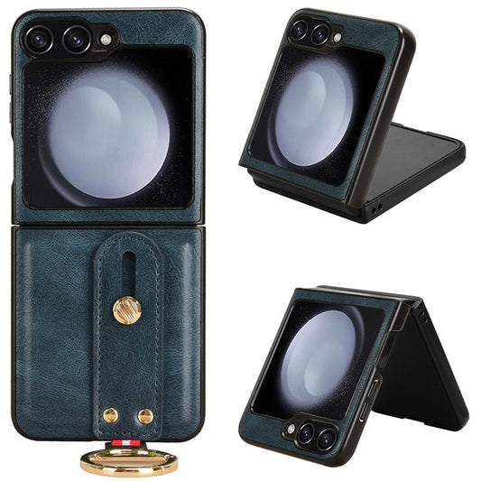For Samsung Galaxy Z Flip6 5G Case Bottle Opener Wristband Leather+PC+TPU Phone Cover - Blue