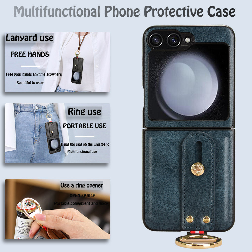 For Samsung Galaxy Z Flip6 5G Case Bottle Opener Wristband Leather+PC+TPU Phone Cover - Blue