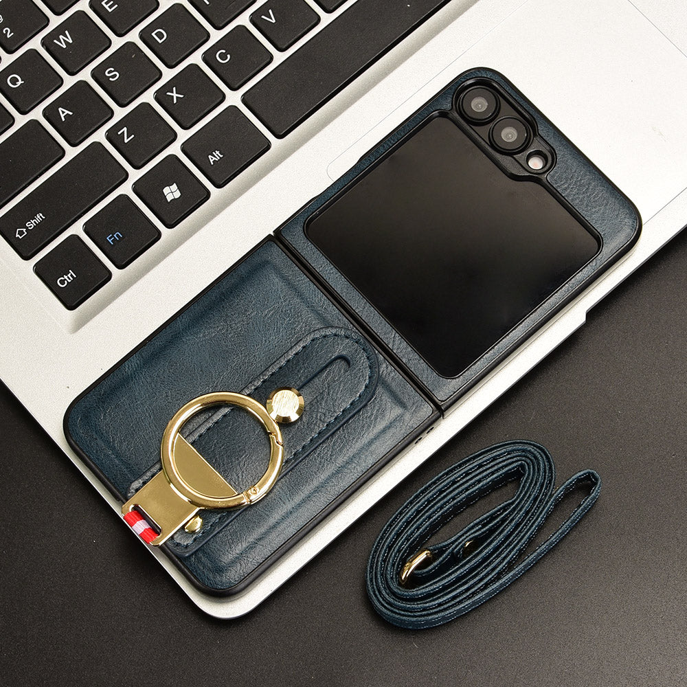 For Samsung Galaxy Z Flip6 5G Case Bottle Opener Wristband Leather+PC+TPU Phone Cover - Blue