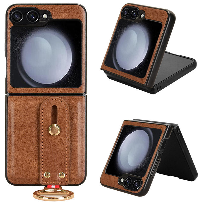For Samsung Galaxy Z Flip6 5G Case Bottle Opener Wristband Leather+PC+TPU Phone Cover - Brown