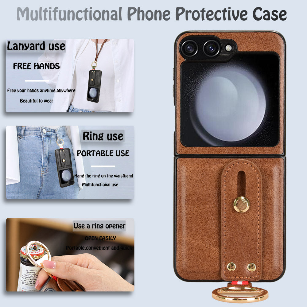For Samsung Galaxy Z Flip6 5G Case Bottle Opener Wristband Leather+PC+TPU Phone Cover - Brown