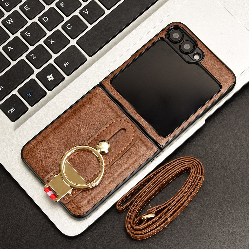 For Samsung Galaxy Z Flip6 5G Case Bottle Opener Wristband Leather+PC+TPU Phone Cover - Brown