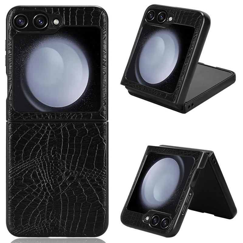 For Samsung Galaxy Z Flip6 5G Case Crocodile Texture Leather+PC Folding Phone Cover - Black