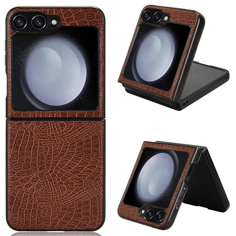 For Samsung Galaxy Z Flip6 5G Case Crocodile Texture Leather+PC Folding Phone Cover - Brown